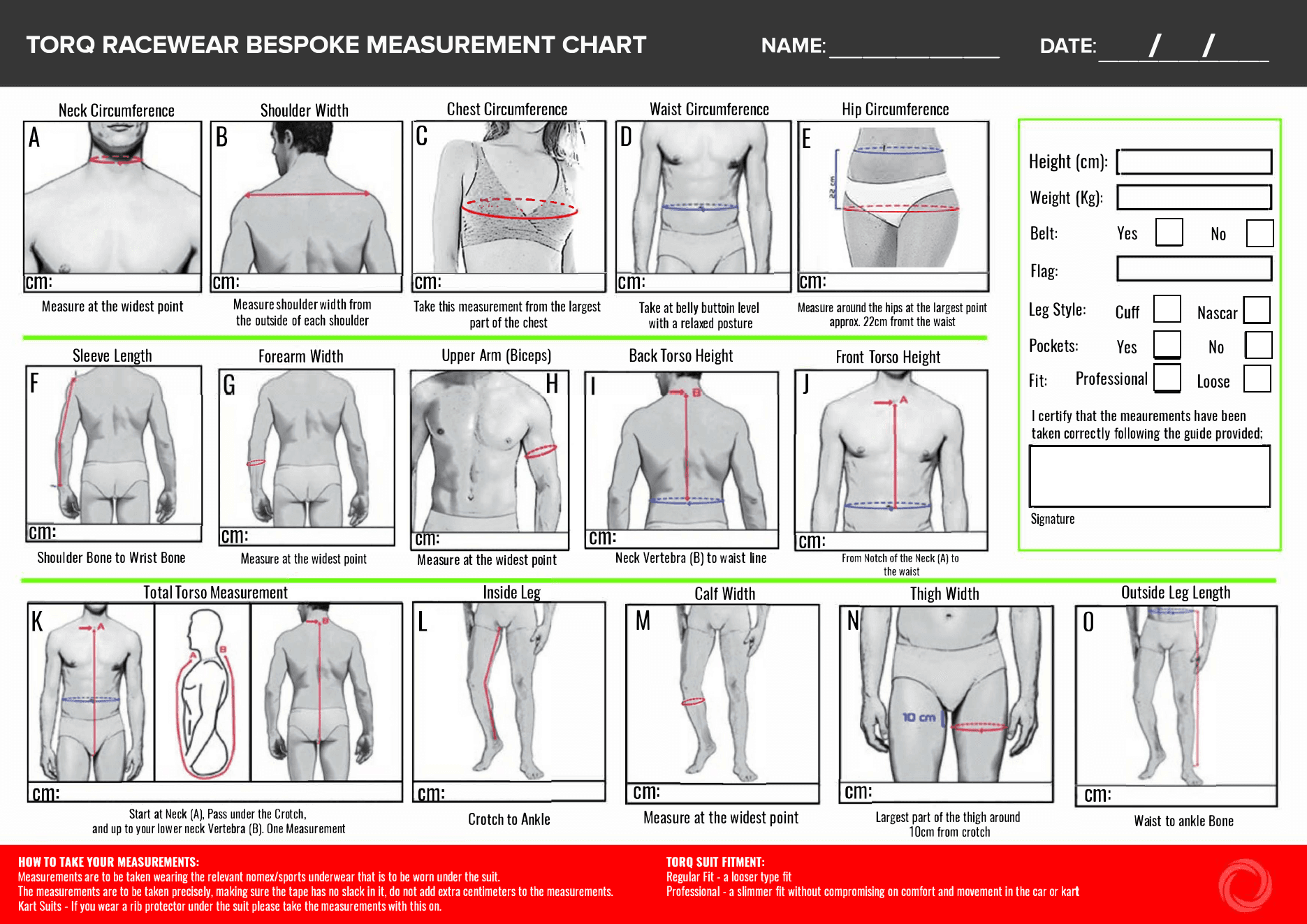 Preview of the Torq suit measurement form.